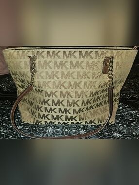 Michael Kors Brown and Beige MK Signature Tote with Chain Detail